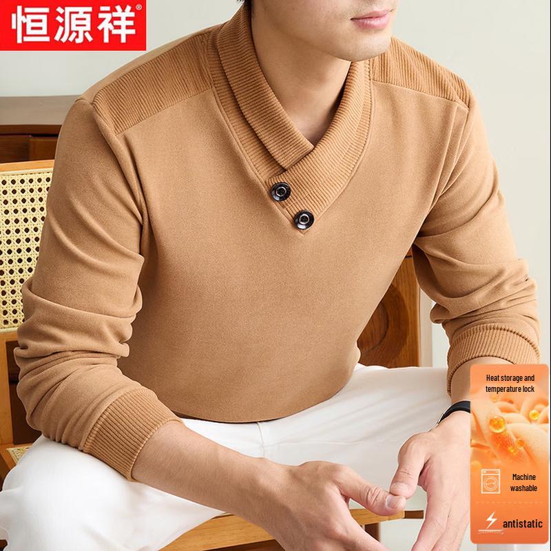 Hengyuanxiang Men's Thermal Double-Velvet V-Neck Long-Sleeve Shirt