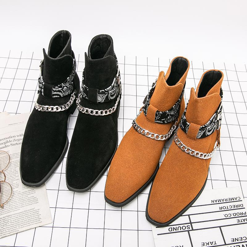 High Street Waist Chelsea Boots Pointed Martin Boots Men's Personality Fashion Large Size 48 Casual Leather Shoes Chain Short Boots