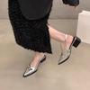 Fairy with skirt fashion empty sandals French evening wind silver pointed thick heel single shoes female 2025 summer and autumn new