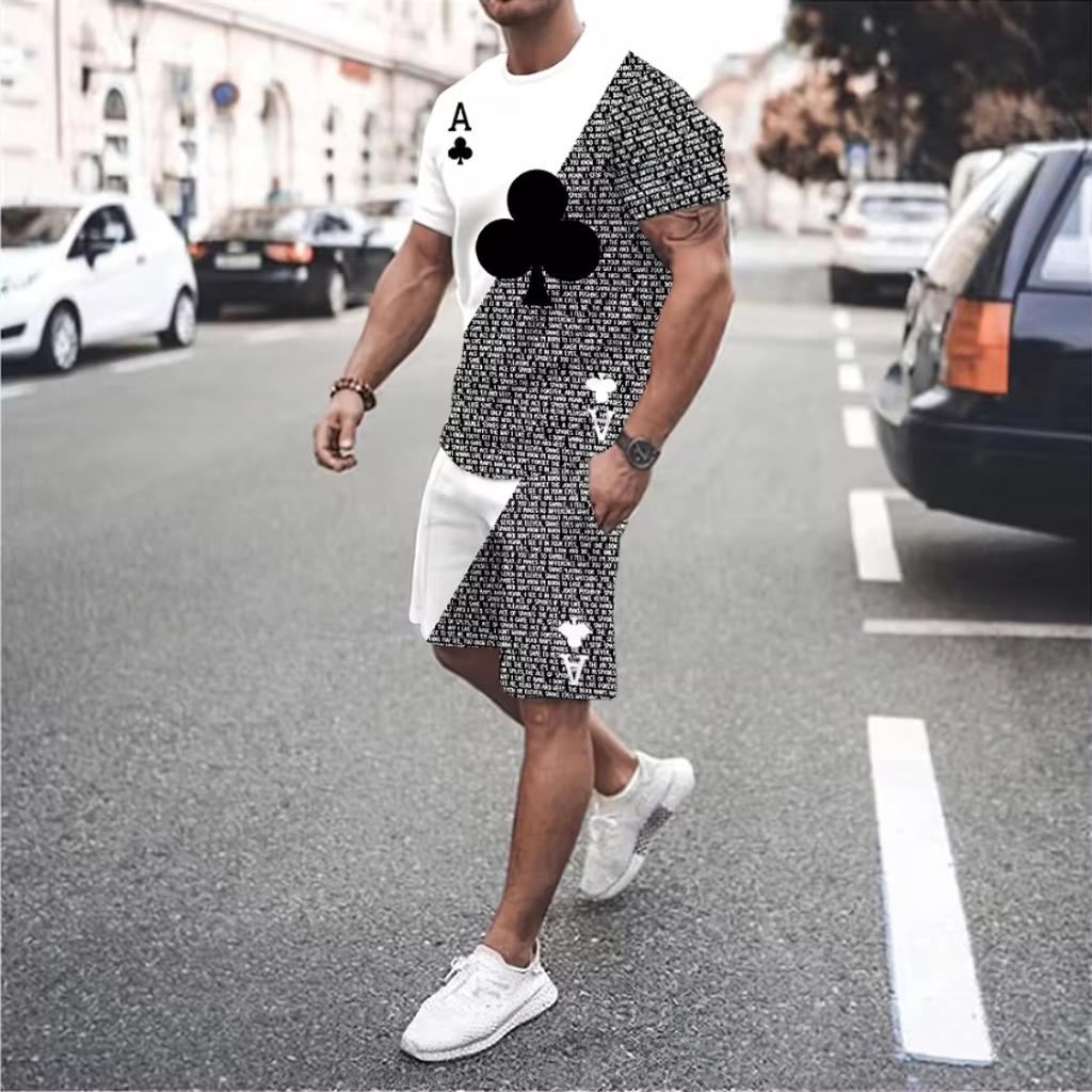 Męski dwuczęściowy zestaw sportowy składający się z krótkich spodenek z okrągłym dekoltem i krótkim rękawem, 3D-kartowy łącznik, męski zestaw do biegania i wypoczynku