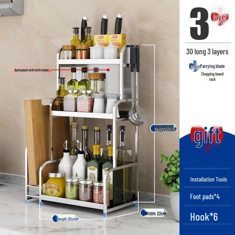 Stainless Steel Multi-layer Kitchen Rack: Spice, Knife Holder & Storage