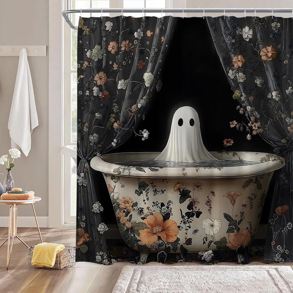 Funny Ghost Shower Curtain Halloween Spooky Gothic Retro Floral Scary Horror Vintage Fabric Decorative Bathroom Curtains Hooks
