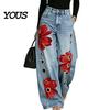 Loose Fit Faux Denim Trousers Women High Waisted Wide Leg Jeans, Vintage Floral Print Relaxed Trousers, Casual Pants with Pockets & Metal Eyelets
