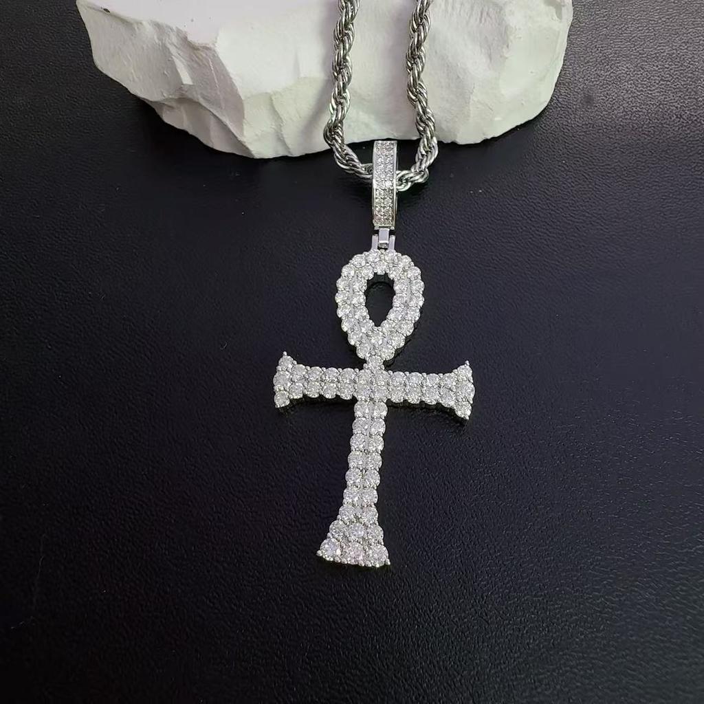 Egyptian Ankh Cross Pendant Necklace Iced Out Moissanite Hip Hop Copper Jewelry For Men Women