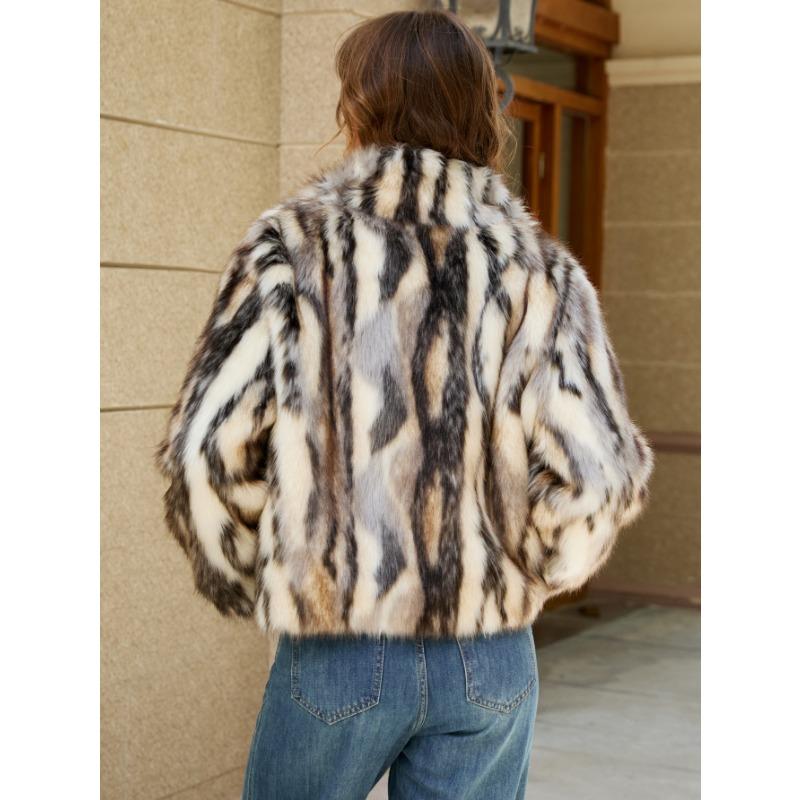 Women's Striped Faux Fur Cropped Jacket Stand Collar Warm Winter Coat