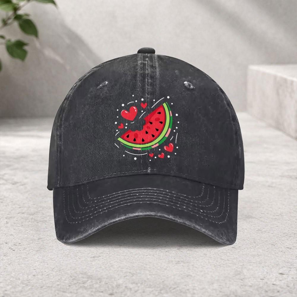 Watermelon Hearts Washed Denim Baseball Cap Vintage Adjustable Outdoor Street Style Hat