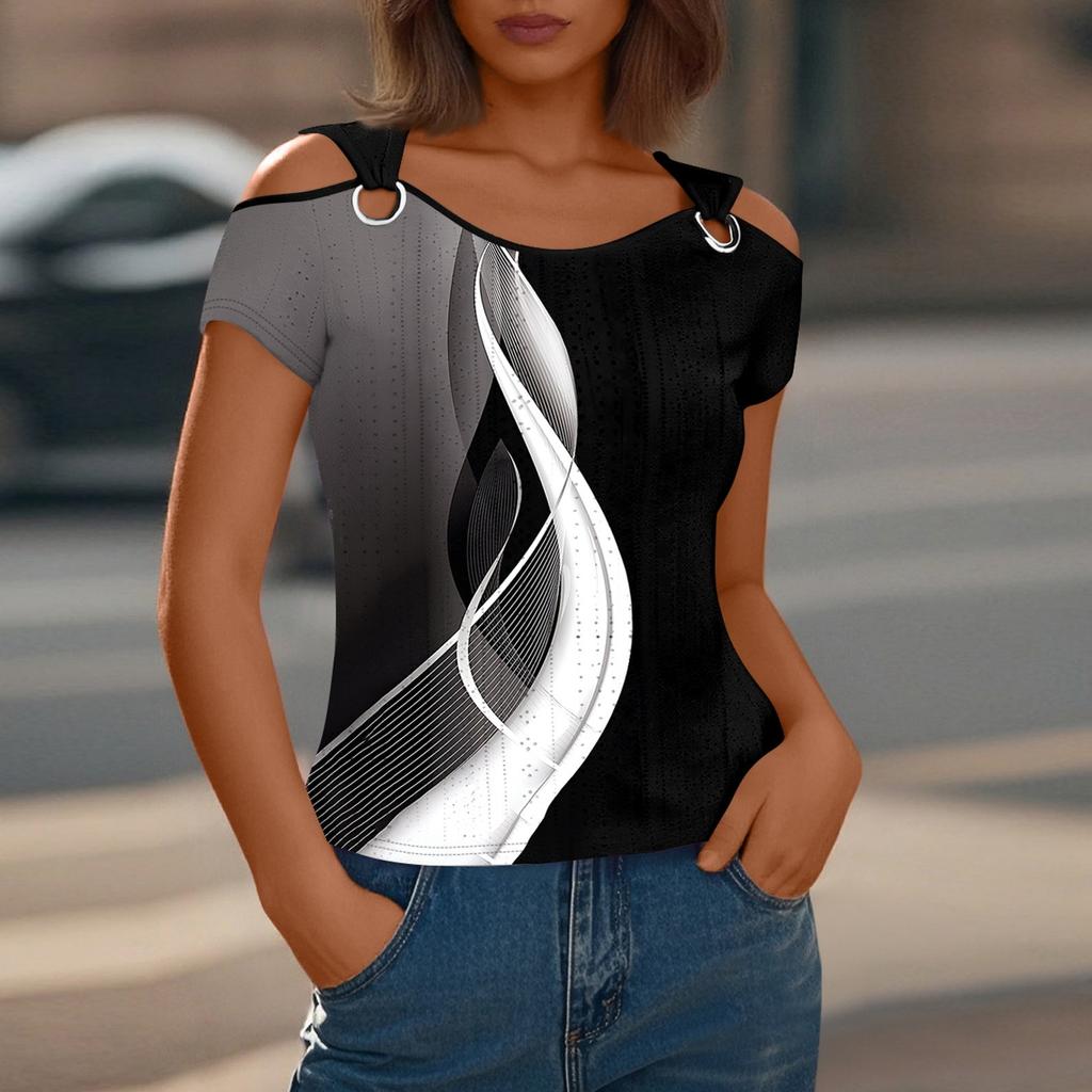 Sexy Cold Sholuder Tops For Women Summer Hollow Out Eyelet Short Sleeve Blouse Loose V Neck Tshirt Trendy Casual Tunics