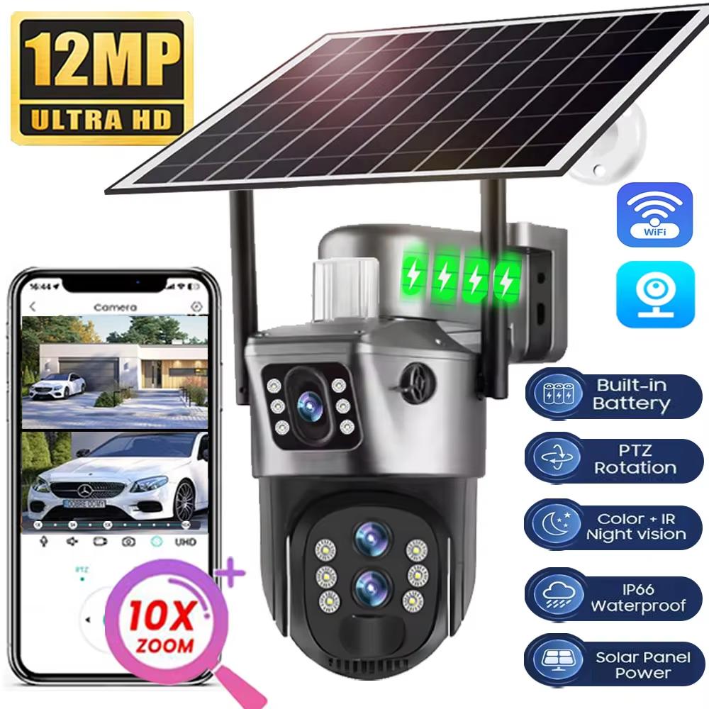 LS VISION 6K 12MP Solar Cameras WiFi Outdoor Three Lens 10x Zoom Surveillance Wireless CCTV IP Camara PTZ AI Tracking Security Cam V380