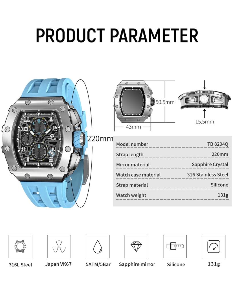 TSAR BOMBA Men's Luxury Tonneau Chronograph Watch 50M Waterproof Skeleton Day-Date Diving Sport Quartz Sapphire Crystal