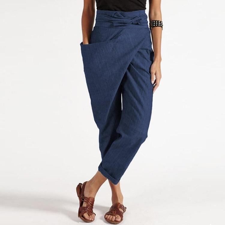 

High Waist Harem Pants Autumn Women Casual Loose Trousers Solid Color Wrap 3XL синій