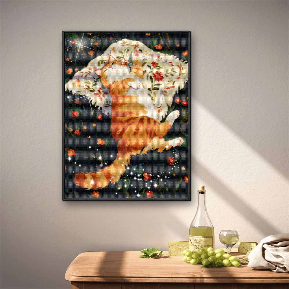 DIY 5D Diamond Art Kit Cute Sleeping Cat on Flower Blanket Sparkling Rhinestone Canvas for Bedroom and Living Room Wall Decor