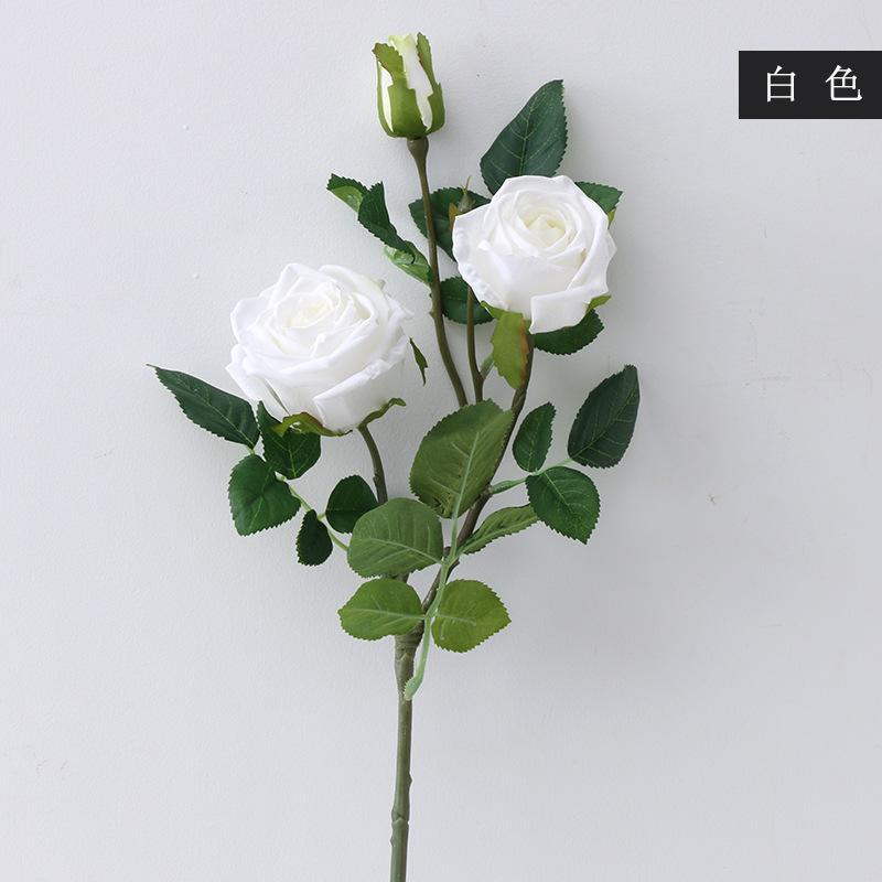 Fake flower decorative ornament simulation crimped rose European 3-head moisturizing rose simulation flower белый