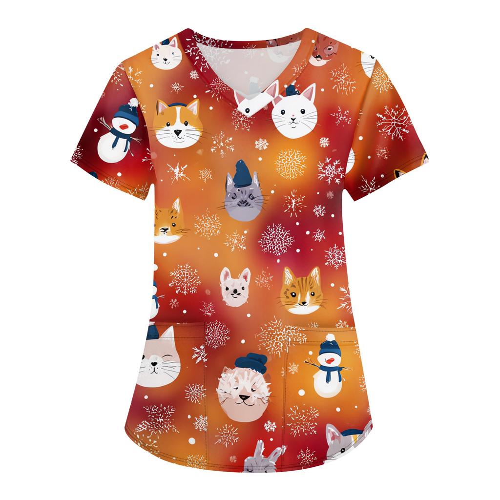 Dámské módní pracovní oděvy s krátkým rukávem a výstřihem do V s kapsami Vánoční topy s potiskem