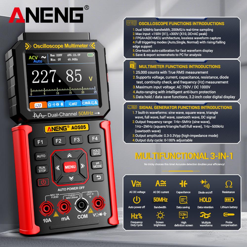 New ANENG AOS05 3-in-1 Intelligent Dual Channel Oscilloscope Multimeter 50MHz 200MS/s Sampling Rate True RMS Digital Multimeter with Signal Gene Tools