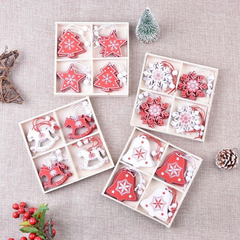 12Pcs Creative Christmas decorations DIY Christmas wooden pendants Christmas tree box set reindeer bell angel heart pendants