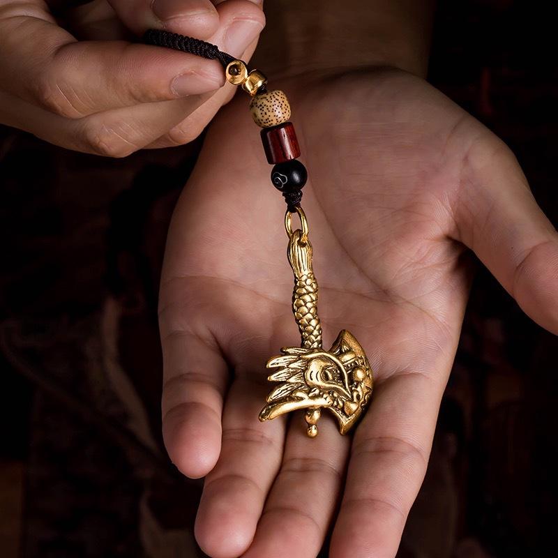 Punk Brass Dragon Head Axe Keychain Lucky Charm Car Key Ring Handmade Rope Vintage Gift For Men Women