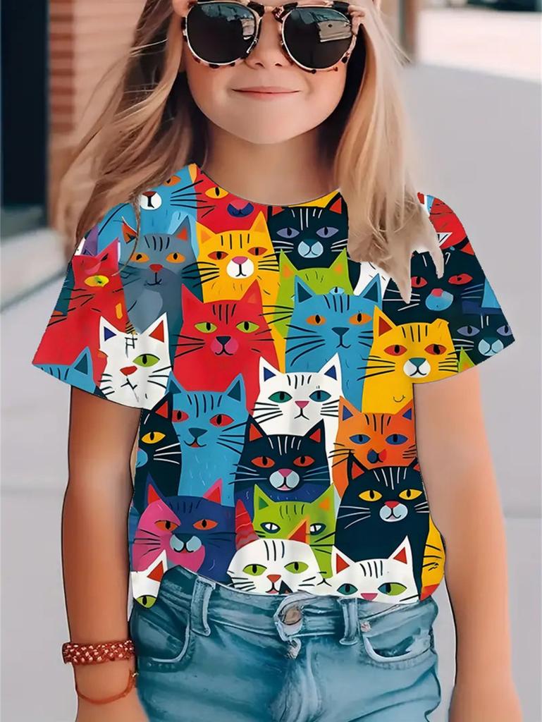 Colorful Catwoman T-shirt, cute design, summer short-sleeved 3D printed girls' top, fashionable casual street style children's clothing.