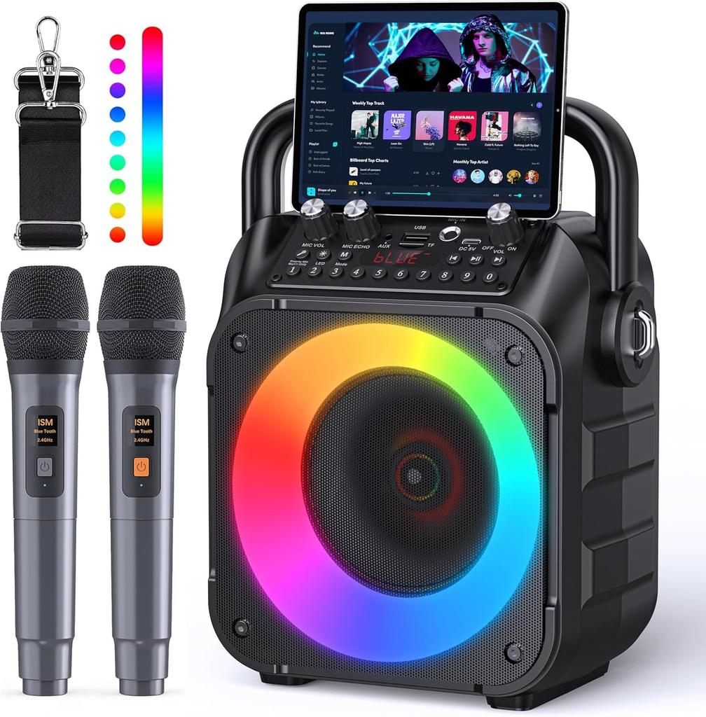 POWADD Portable Karaoke Speaker Set for Home Use, Includes Loudspeaker, Two Karaoke Microphones, Bluetooth 5.0, Compact PA System, SD Card, USB AUX,
