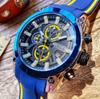 MEGIR Men's Sports Watch, Fashion Chronograph, Waterproof Quartz Movement, Casual Date Wristwatch with Silicone Strap, Blue Yellow, 2021.