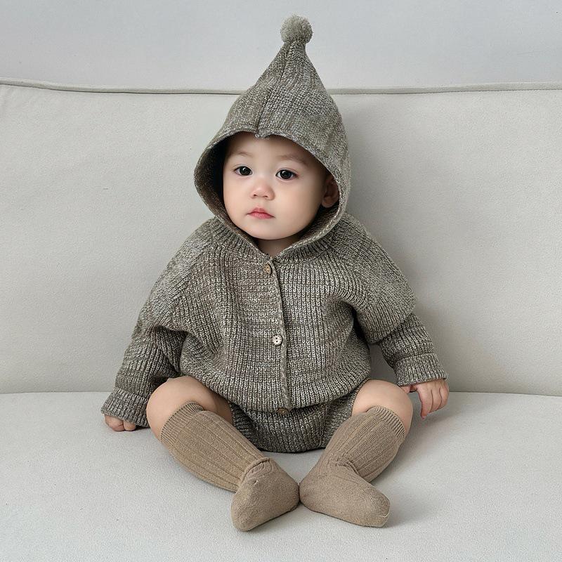 Korean Spring Hooded Knit Sweater and Romper Set for Babies - Unisex Two-Piece