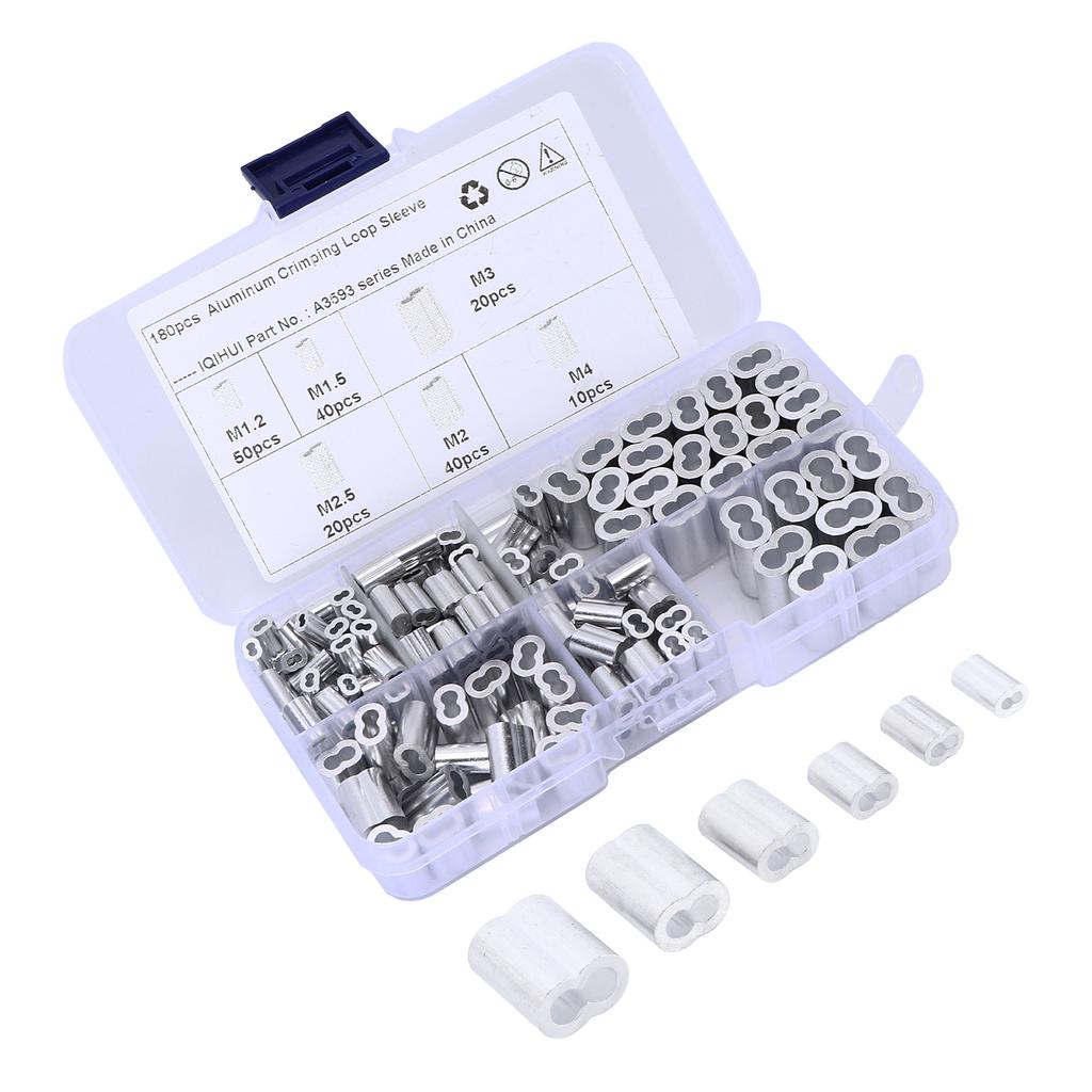 180pcs Crimping Loop Sleeve Kit 6‑Size Aluminum Double Barrel Ferrule Universal for Wire Rope Cable 
