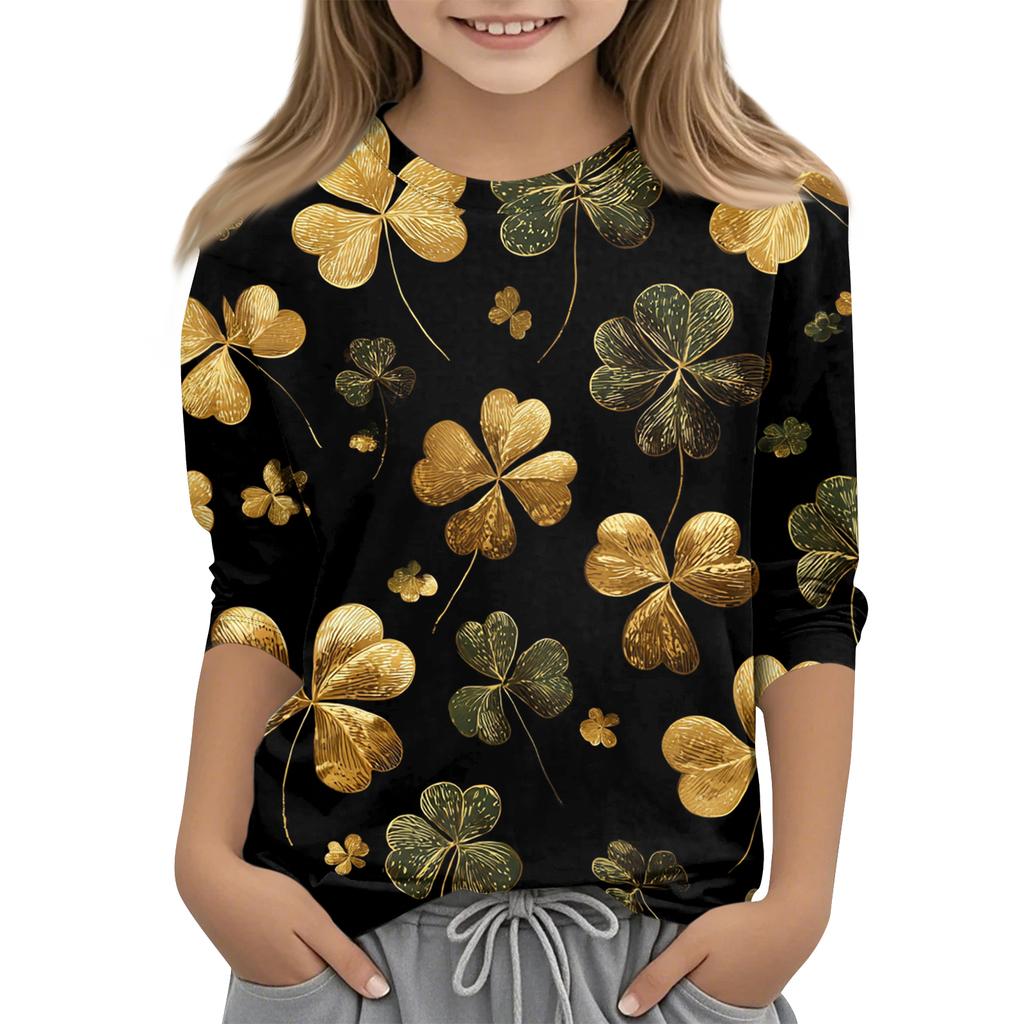 St. Patrick's Day Print Tops For Youth Girls 4-11 Years Round Neck 3/4 Sleeves T-Shirts Trendy Tops Outfit Tees