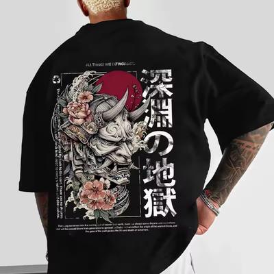 Men's Casual Street Y2K Japanese Retro Vintage Style Prajna and Floral Pattern Printed Trendy T Shirt Summer New Unisex Style