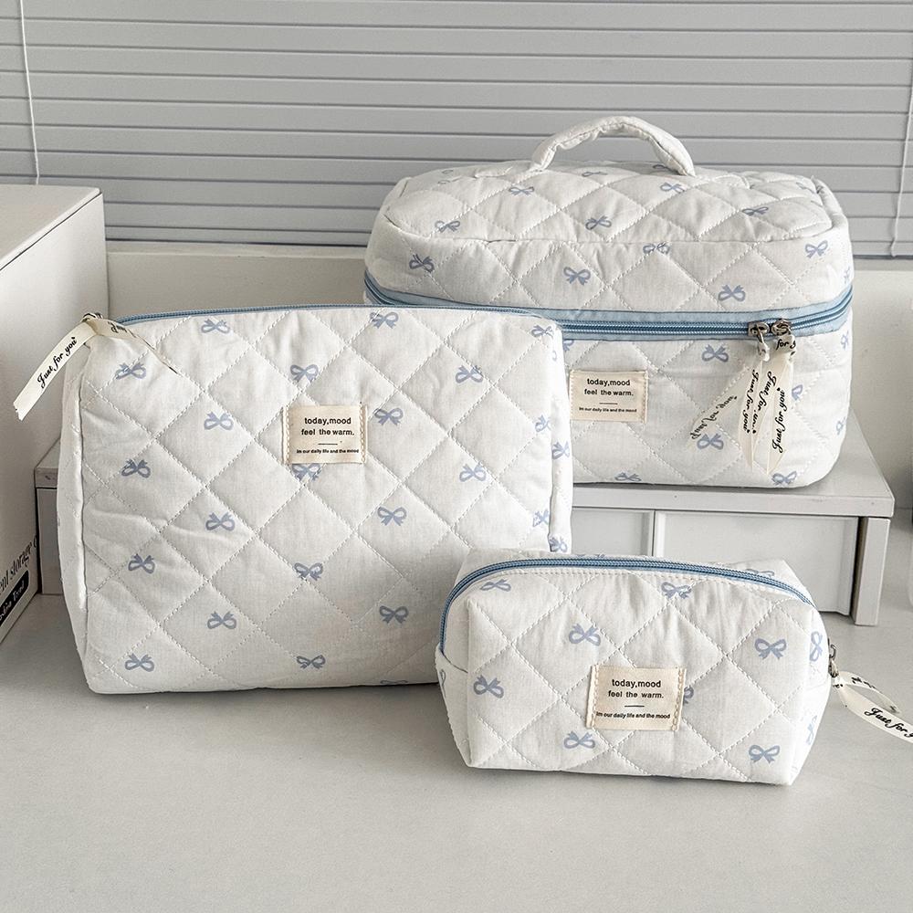 Blue Bow Quilted Women Cosmetic Bag Sets Large Capacity Makeup Handbag Travel Pouch 3 Type Ladies Zipper Organizer for Bags