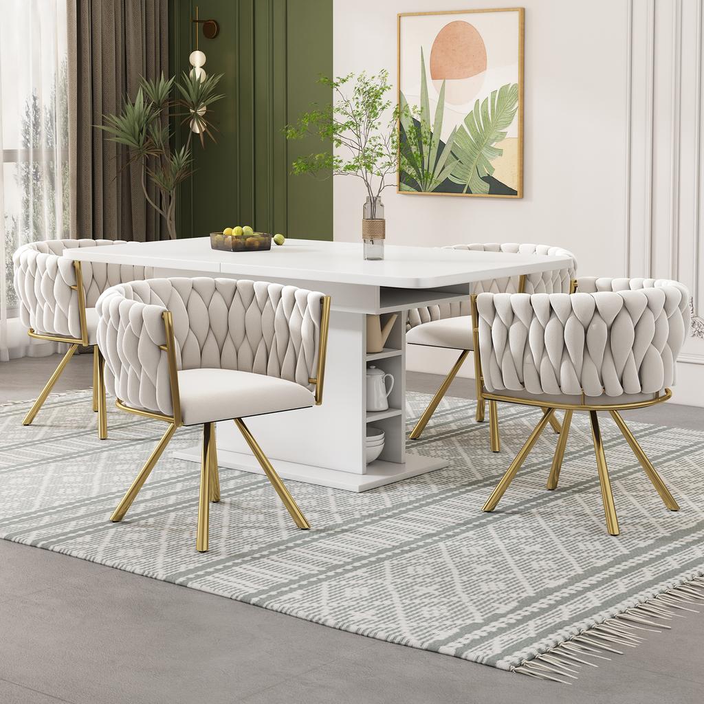 Velvet Dining Chair, Set of 2, Single Light Luxury Living Room Bedroom Swivel Chair, Leisure Swivel Chair with Four Metal Support Legs, Beige and Gold