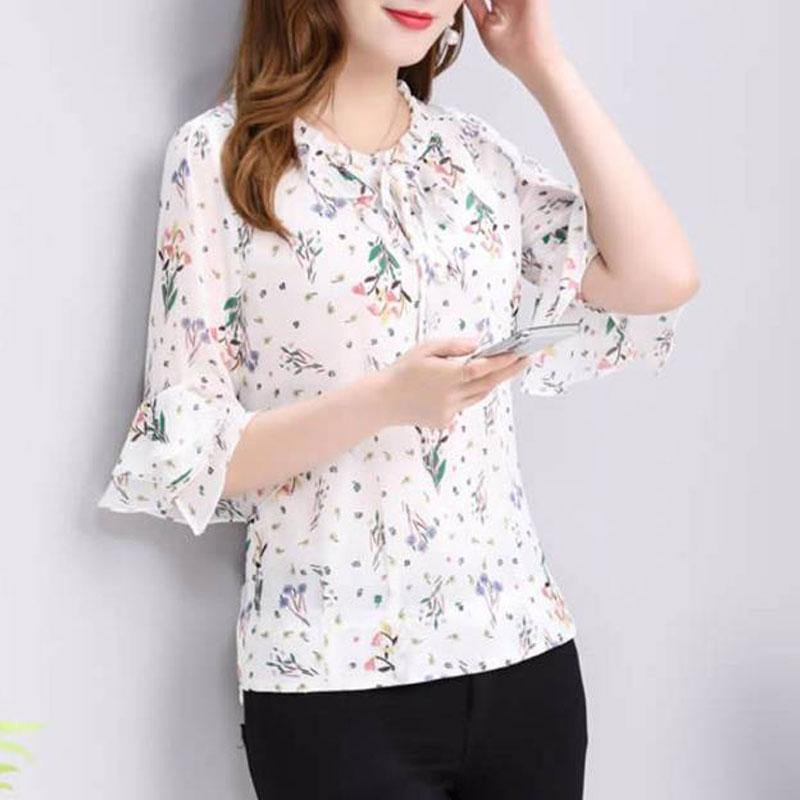 

Fashion Broken Flower Printed Blouse Women s Clothing Ruffles Spliced Summer New Casual Half Sleeve Commute Drawstring Bow Shirt L білий