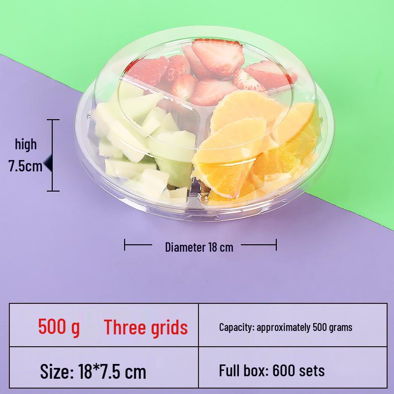 Transparente runde Einweg-Salatschale mit dreigeteilter Obstschale