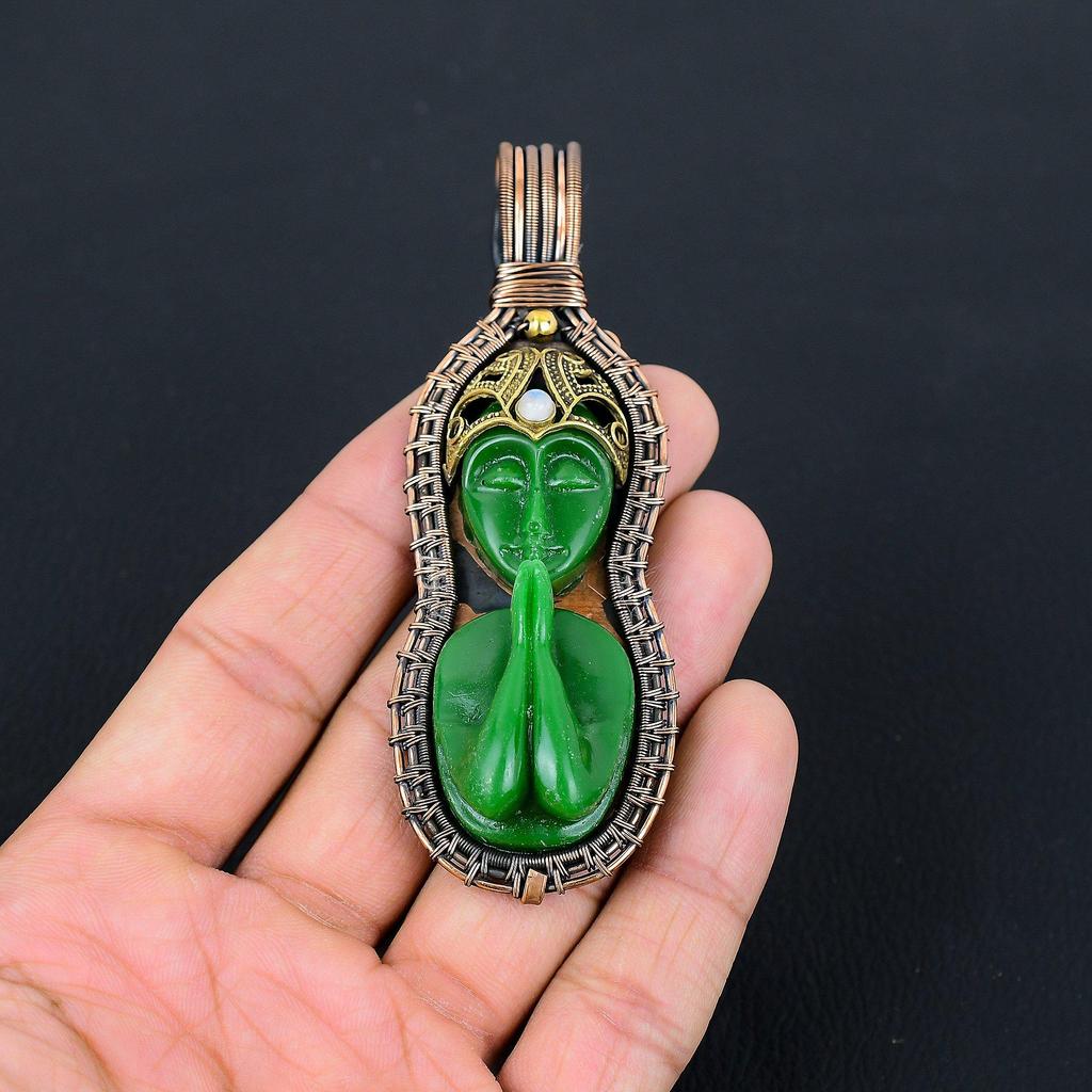Green Praying Lady Gemstone Pure Copper Wire Wrapped Handmade Pendant Jewelry