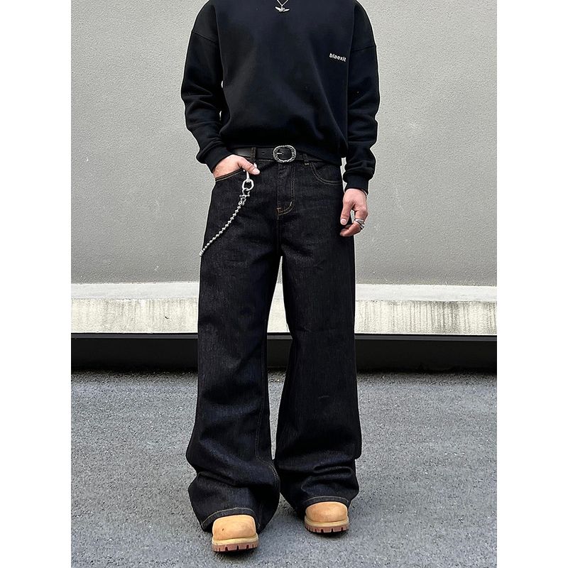 Blaexit American-Style Denim Black Jeans for Men, Vintage Baggy Straight-Leg Loose Casual Raw Color Wide-Leg Pants