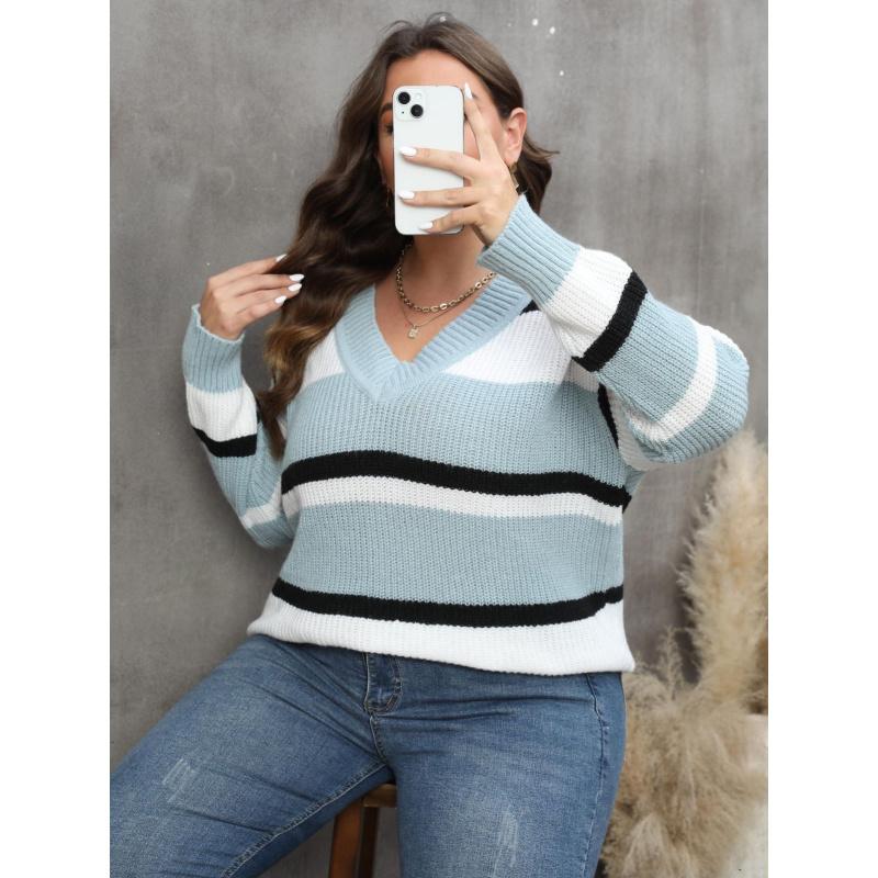 Women's Pullover Sweater Plus Size Women's Fashion European and American Style Autumn Winter New V-neck Color Block Fashion Sweater