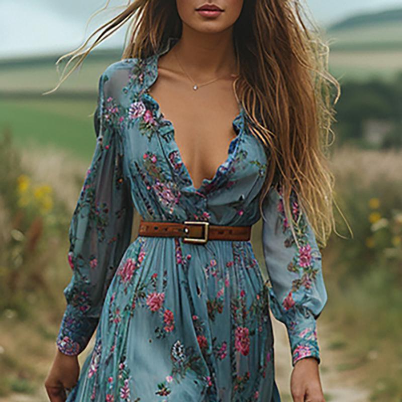 Vintage Muster Bedrucktes Langärmeliges Damenkleid Lässig V-Ausschnitt Hohe Taille Plissiertes Herbstkleid Elegante Lockere Bohème Kleider