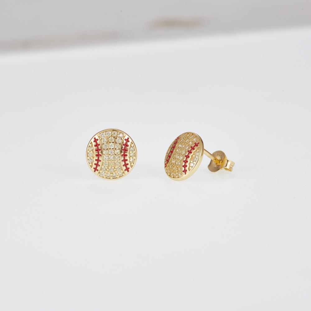 Mens Full Zircon Round Cut Gold Plated Earring 925 Silver Baseball Stud Earrings