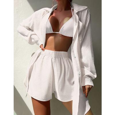 Moda praia plus size conjunto de duas peças blusa feminina verão praia férias sólido 2 peças conjuntos camisa shorts conjunto casual sexy solto protetor solar roupas 25175