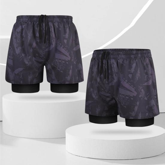 Men Swim Shorts Slim Fit Double Layers Quick Dry Conservative Breathable Swimming Elastic Waist Printed Swimming Trunks
