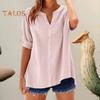 Women Shirt V-Neck Short Sleeve Buttons Placket Shirt Tops Solid Color Loose Fit Breathable Shirt Daily Wear