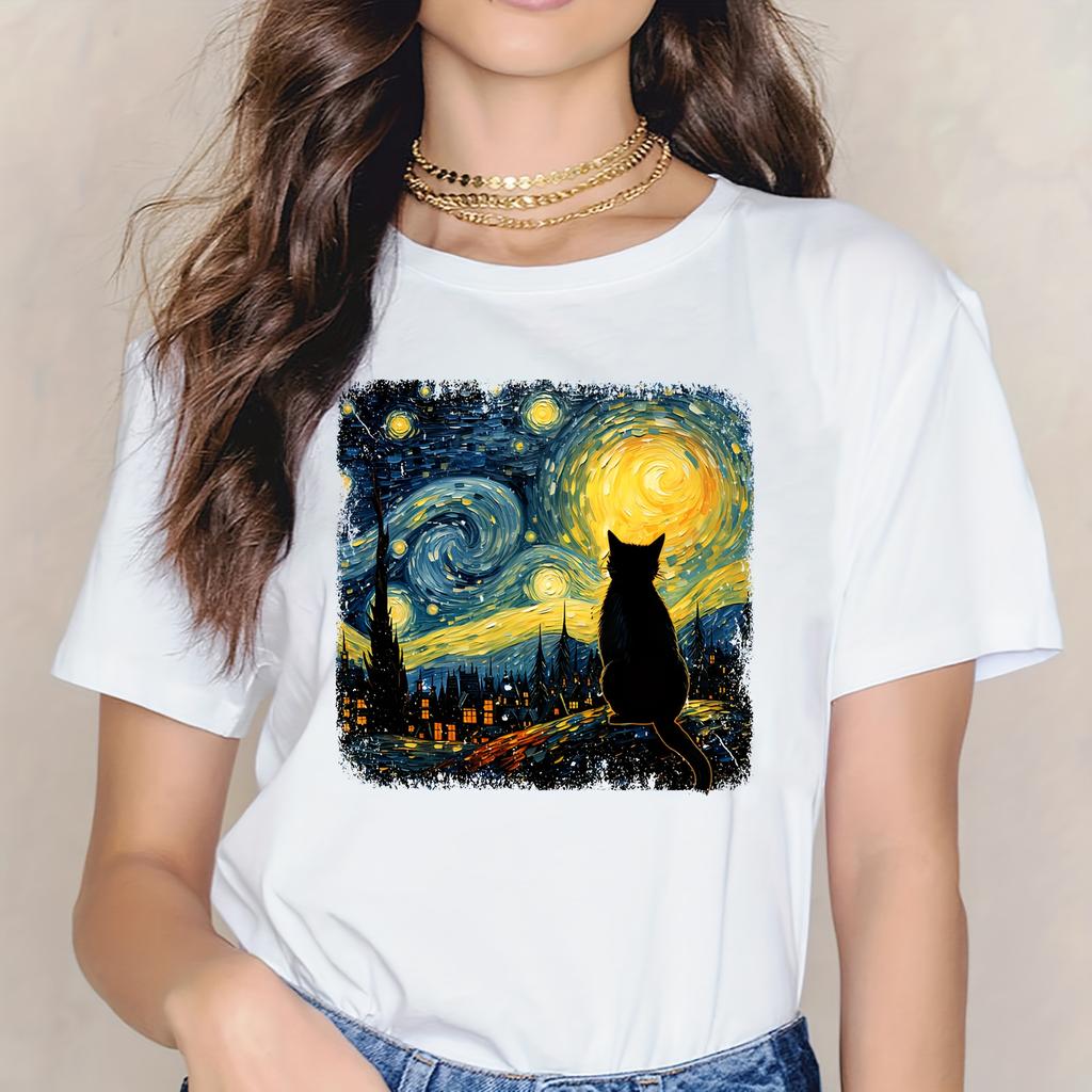 Women's T-Shirt with Starry Night Cat Print—The Perfect Gift for Cat Lovers | Cat-Themed Clothing | Y2K Women's Fashion