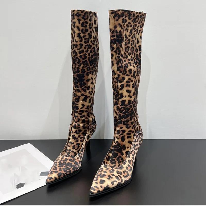 fashion Female Shoes on Sale Fashion Zipper Women's Boots Autumn Pointed Toe Leopard Print Sexy High Tube Stilettos or Thin Heels Boots