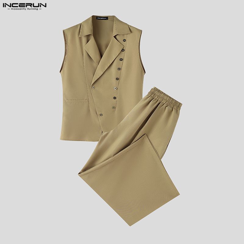 INCERUN 2PCS Men Sleeveless Thin Blazer Tops Long Pants Casual Sets Outfits