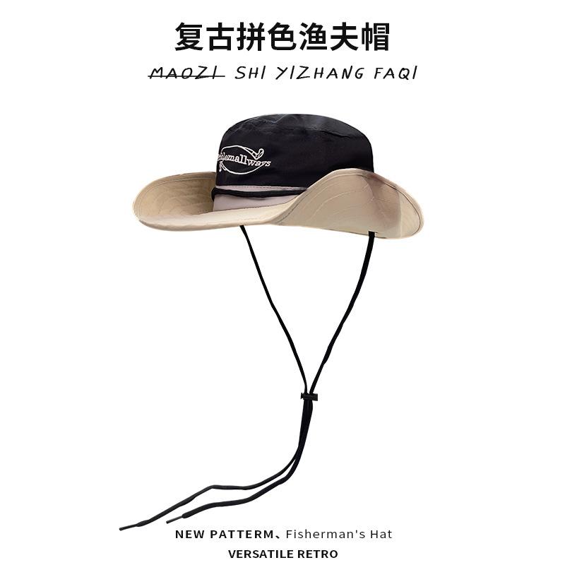 

Two-tone quick-dry hiking hat for women, suitable for spring and autumn outdoor trips, sun protection hat with drawstring, versatile wide-brimmed E-906CH Black and khaki b