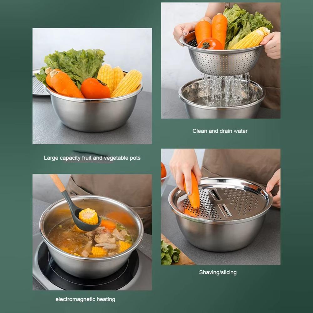 3 In 1 Vegetable Washing Basin Stainless Steel Rice Washing Drain Basket Sink  Kitchen