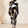 Women Plus Size Blue Green Printed Long Sleeve Front Zip Longline Top And Fitted Pants Two Piece Set