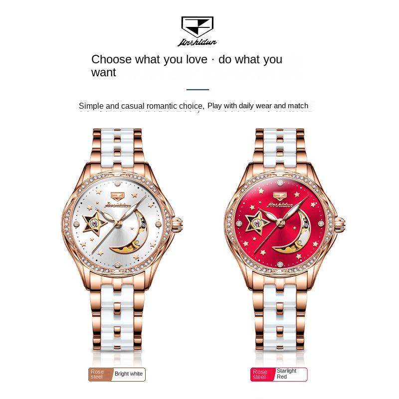 JINSHIDUN marka Star Moon Hollow automatyczny zegarek mechaniczny modny mechaniczny zegarek damski zegarek damski