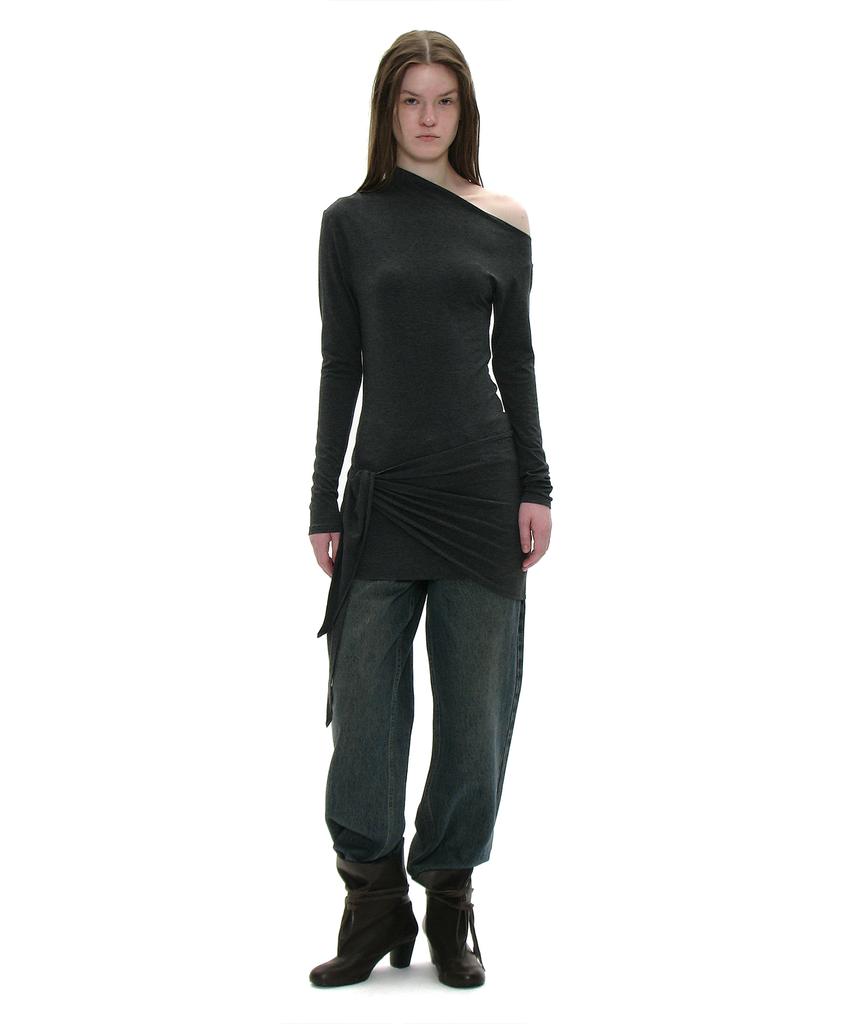 PARTIMENTO WOMEN Pwc Asymmetrical Bow Tie Wrap Jersey Top_Charcoal Melange