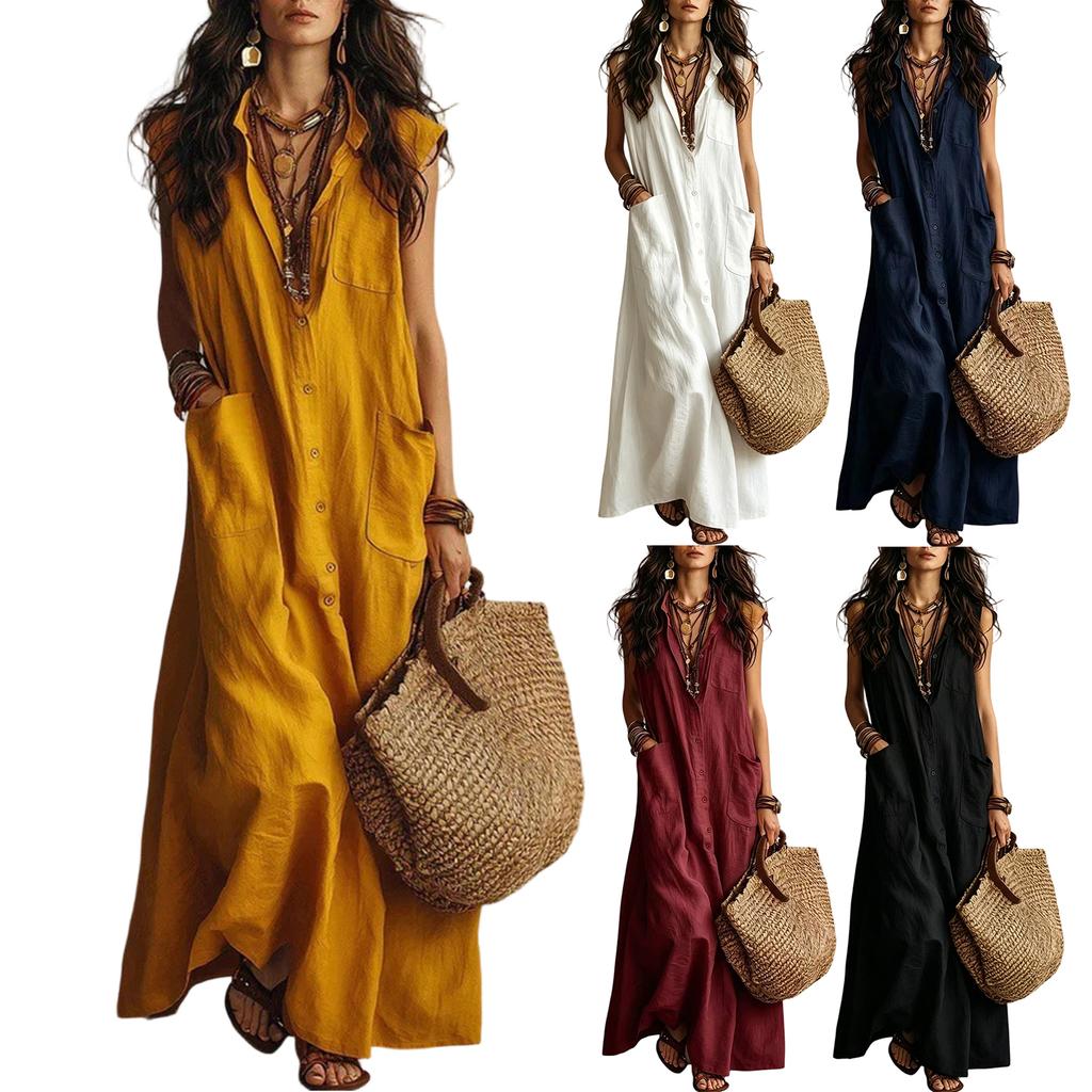 Women Sleeveless Bohemian Button Down Pocket Casual Long Shirt Dress Lightweight Loose Fit Summer Maxi Dress