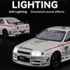 1:24 Scale GTR-R34 M3 Sports Car Model Toy Shock Absorption Pull Back Supercar Metal Body Sound Light Models Kids Presents