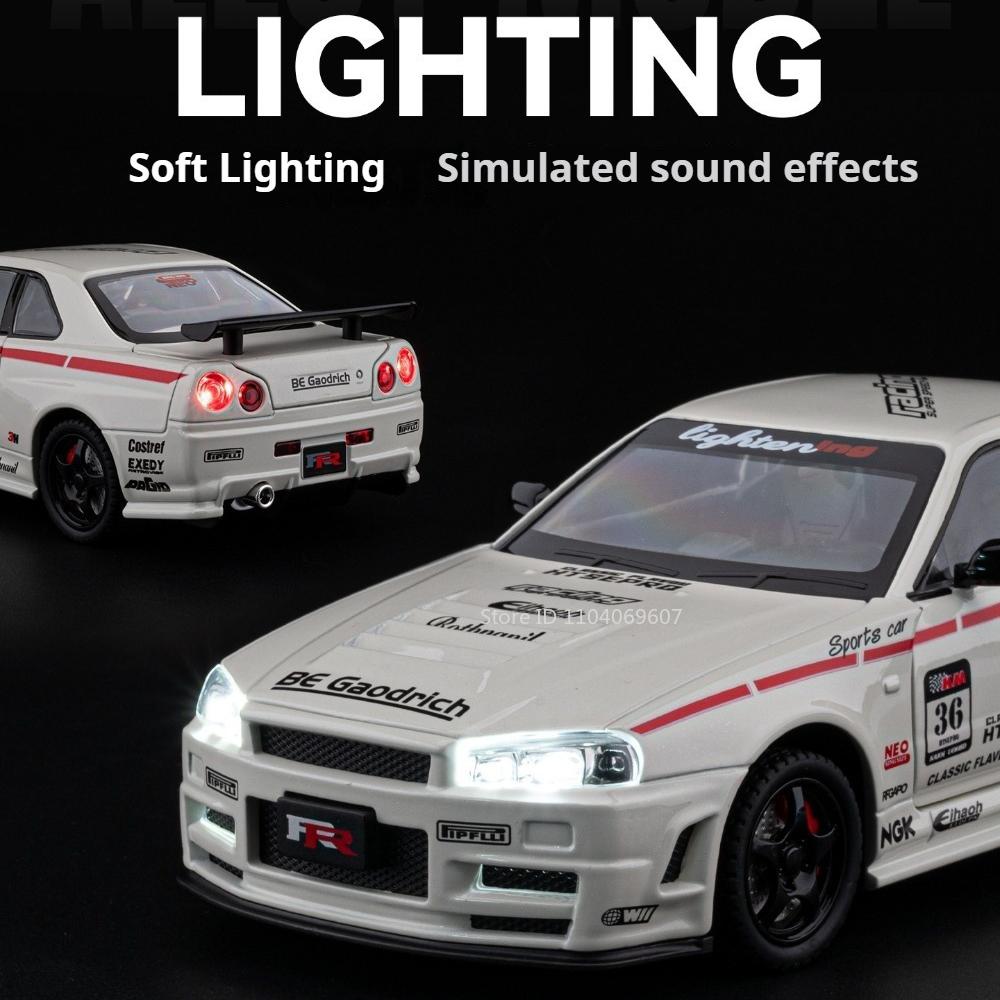 1:24 Scale GTR-R34 M3 Sports Car Model Toy Shock Absorption Pull Back Supercar Metal Body Sound Light Models Kids Presents